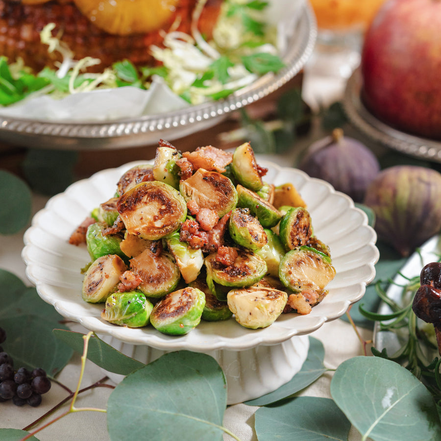 Maple-Glazed Brussels Sprouts with Bacon and Almond Flakes